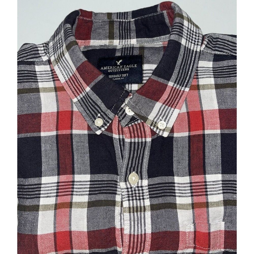 American Eagle Sz L Mens Seriously Soft Classic Fit Long Sleeve Blue Red Plaid - Picture 4 of 9